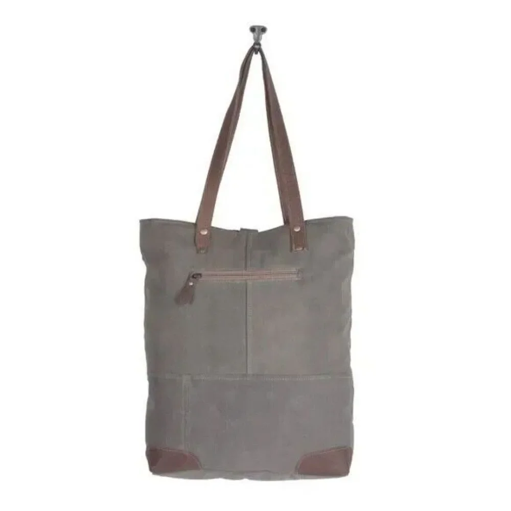 Myra Bag Handmade Time Tote Bag Upcycled Canvas & Cowhide Leather